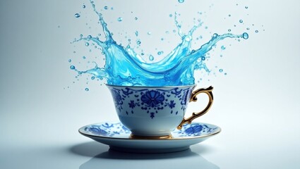 Blue liquid splashing out of an ornate teacup and saucer