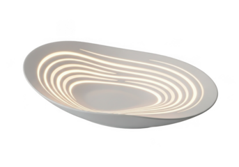 Modern abstract white oval bowl with glowing light lines isolated on transparent background
