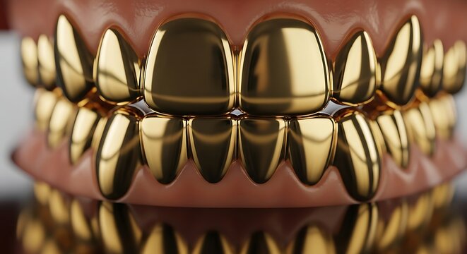 Close up of shiny gold teeth grillz on a person s mouth