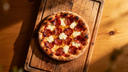 Pepperoni pizza on a wooden cutting board, top-down view
