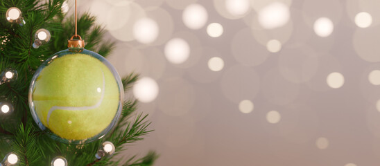 Tennis ball christmas ornament hanging on a holiday tree with lights. 3d rendering