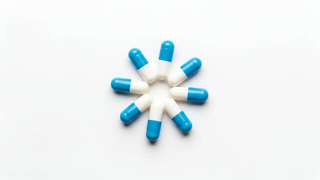 Animated medical pills arrangement on a white background promoting health products and wellness