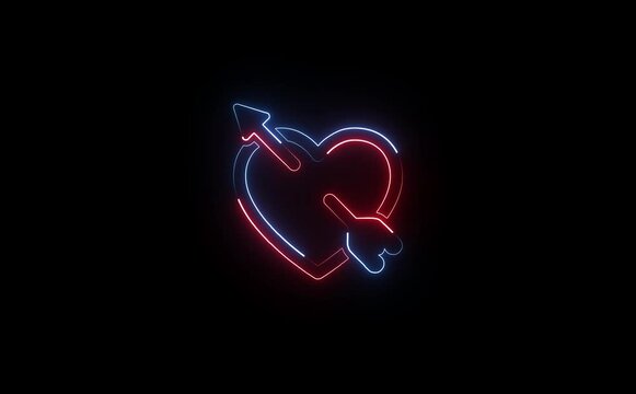 A glowing neon heart with an arrow through it in red and blue on a black background animation loop