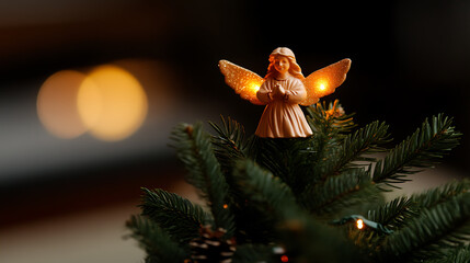 Obraz premium Angel figurine on top of a Christmas tree, glowing and poised. Festive scene with soft bokeh lights in the background, symbolizing peace and holiday cheer.