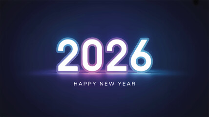 Futuristic glowing neon sign for the Happy New Year 2026 celebration. A modern and minimalist holiday background