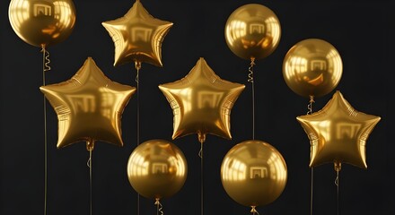 Gold Star and Round Balloons on Black Background
