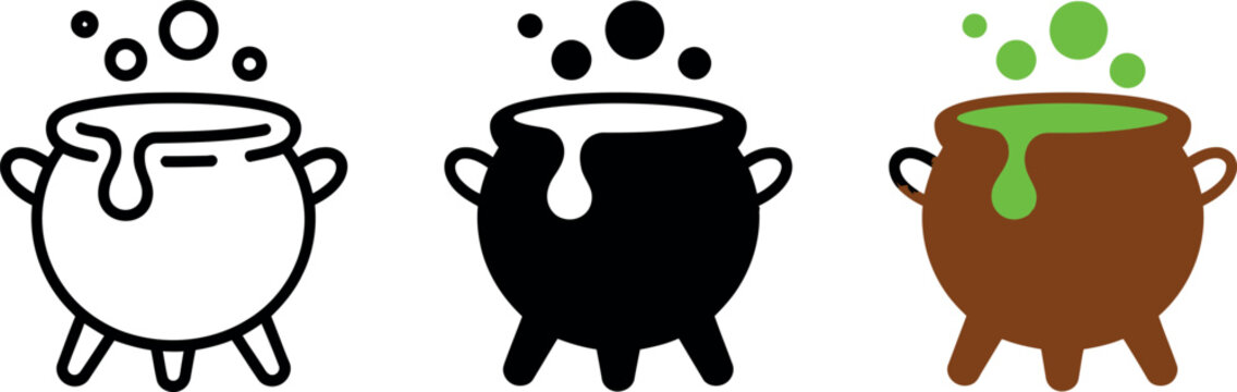 Hand drawn vector illustration of a set of a brush and human hand near an isolated black magic cooking cauldron pot