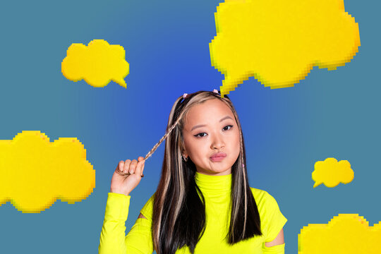 3d image zine art pop trend collage of happy girl guy stand bubble correspondence cv icon webpage chat dialogue conversation