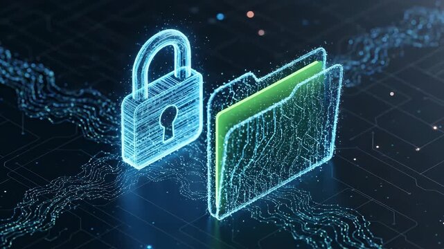 Animated representation of digital security with file folders and padlocks symbolizing data