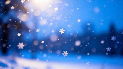 Obraz premium Snowflakes falling in a winter landscape with blurred trees and blue lighting