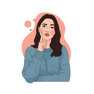 Illustration of a young woman with dark hair thinking with her finger on her chin.