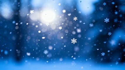 Obraz premium Snowflakes falling in a serene winter forest with soft sunlight filtering through trees