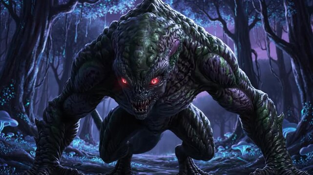 Forest Monster with Glowing Eyes - A scary green monster with glowing red eyes crouches in a dark forest with bioluminescent mushrooms.