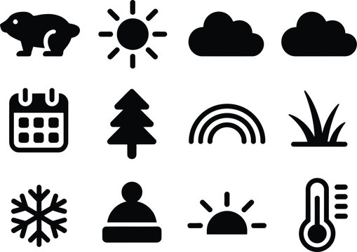 Set of Weather and Season Icons Sun, Snowflakes, Clouds, Rainbow, Tree, Grass, Thermometer, and Calendar