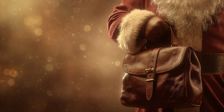 Santa claus carrying a brown leather bag holiday season festive background warm glow close-up view christmas spirit