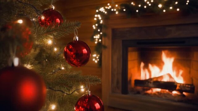 &aacute;rbol de Navidad decorado con bolas rojas brillantes y guirnaldas, iluminado con luces c&aacute;lidas que parpadean suavemente. El &aacute;rbol est&aacute; situado en un acogedor sal&oacute;n de madera, junto a una chimenea.