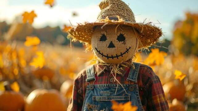 Cute scarecrow with a happy face in a pumpkin patch field with autumn leaves.