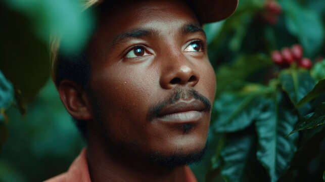 Close-up portrait of a young african-american man. he is looking up towards the sky with a thoughtful expression on his face. he has a mustache and is wearing a baseball cap.
