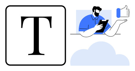 Text symbol, man with clipboard, thumbs-up hand, and cloud visual. Ideal for communication, feedback, collaboration, content creation productivity teamwork cloud computing. Simple flat metaphor