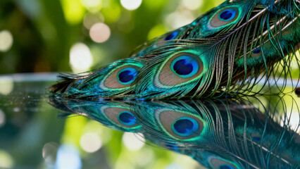 Peacock feathers reflected in water with vibrant eye patterns and green background