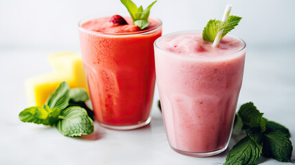Overhead shot of frozen watermelon mint and lemon peach smoothie on transparent background