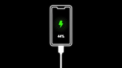 Fast charging smartphone. the charging process is displayed on the screen. power voltage. Smartphone charging icon 90 percent battery level lightning bolt symbol connected to cable