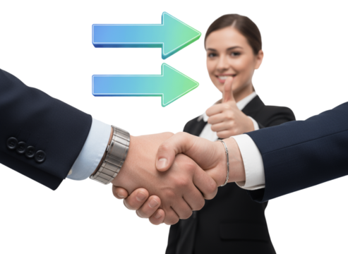 Partnership Handshake with Young Woman Approving from Behind