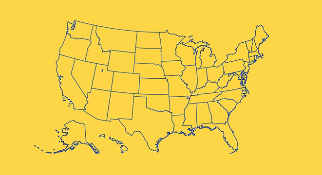 Outline map of the contiguous United States and Alaska on a solid yellow background, showing individual state borders.
