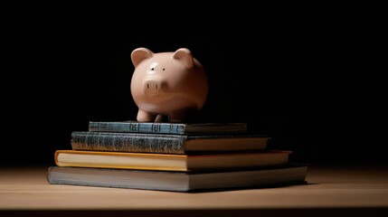 Piggy bank resting on a stack of books symbolizing saving money, financial education, and the importance of learning for financial success in life