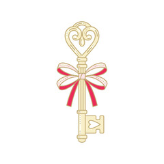 Vintage ornate golden key with dainty bow. Coquette core aesthetic. Love symbol. Valentine's day flat vector illustration isolated on a white background.