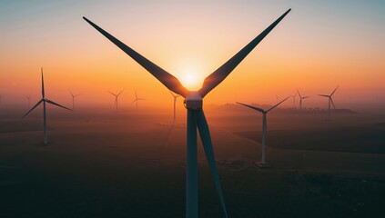 Fog drifts across the landscape while rotating blades capture clean energy in peaceful atmospheric motion
