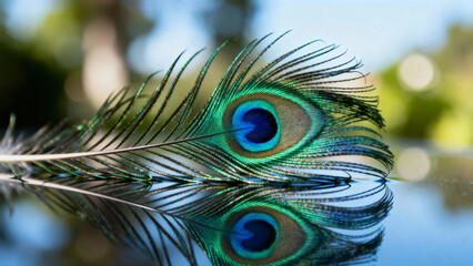 Fototapeta premium Peacock feather resting on water with reflection