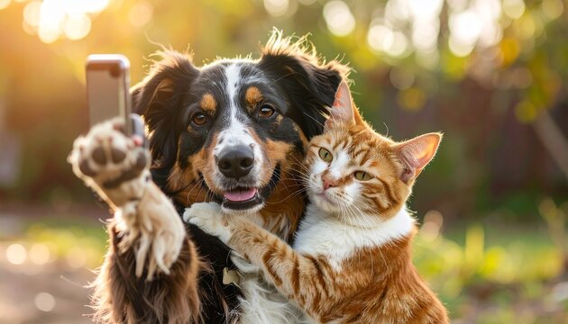 Playful portrait of a dog and cat hugging while taking a selfie, symbolizing friendship, joy, and pet affection. Perfect for themes of companionship, humor, and modern animal lifestyle.