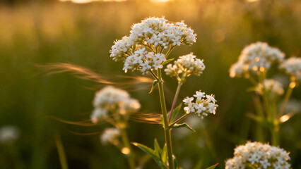 Fototapeta premium White wildflowers blooming in a sunlit meadow at golden hour