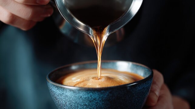 Person's hand holding a blue ceramic cup with a silver strainer over it. the person is pouring a dark brown liquid, which appears to be coffee, into the cup.
