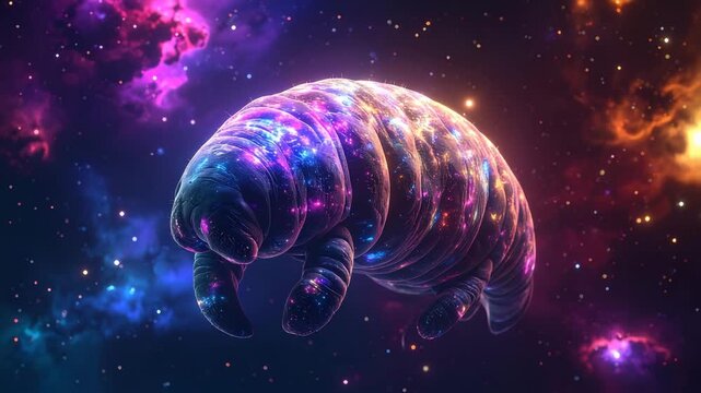 Magical tardigrade floating in deep space with glowing nebula colors and stars.