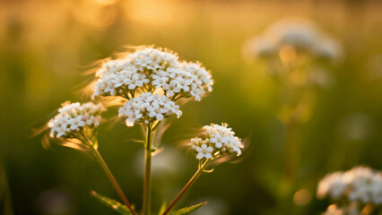 White wildflowers in a sunlit field during golden hour