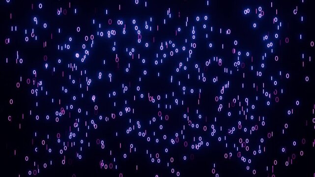 Neon binary code rain fall animation background 4k