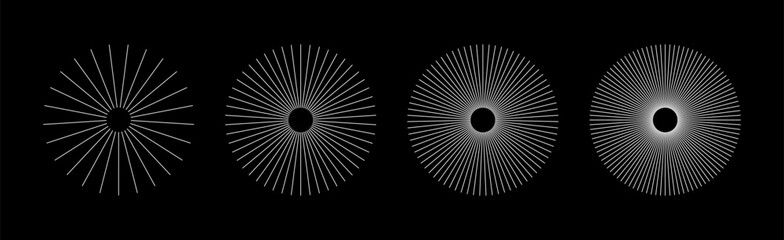 Radial circle white lines. Circular thin lines elements. Simple symbol of Sun star rays. Spokes with radiating stripes. Abstract illusion geometric shapes patterns. Flat design elements.