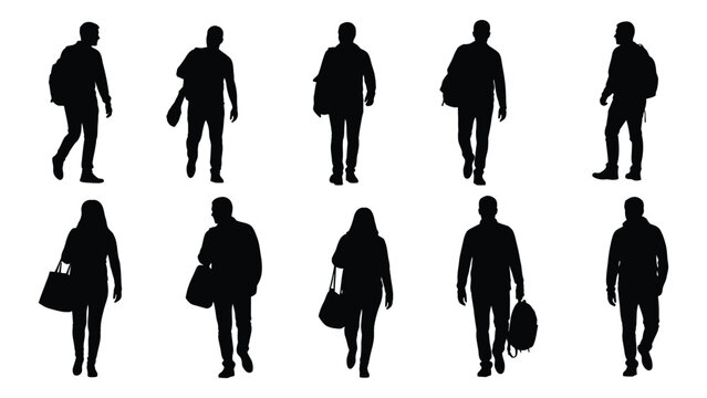 Diverse group of walking people silhouettes isolated on white background, Vector