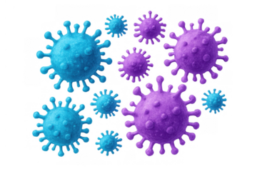 Group of virus microorganisms floating, showing infectious pathogen cells, disease spreading concept on transparent background