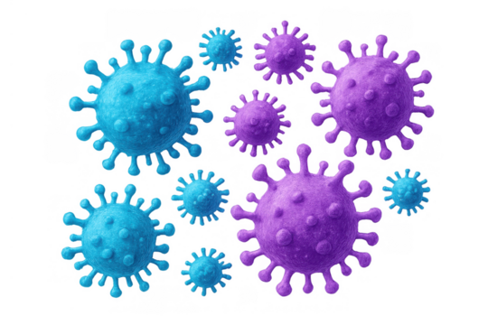 Group of virus microorganisms floating, showing infectious pathogen cells, disease spreading concept on transparent background