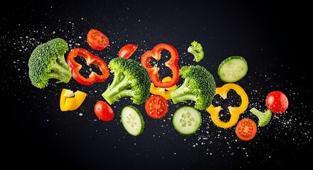 Freshly chopped vegetables flying against a dark background