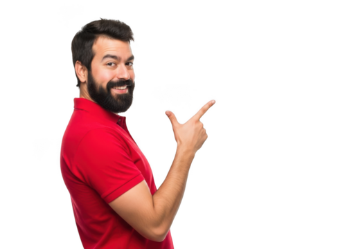 A smiling man with a beard wearing a red polo shirt pointing to the right isolated on transparent background