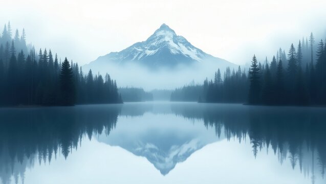 Misty mountain reflection in calm lake surrounded by pine forest