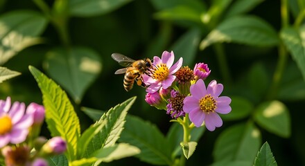 A bee collecting nectar from a delicate pink flower in a garden setting.