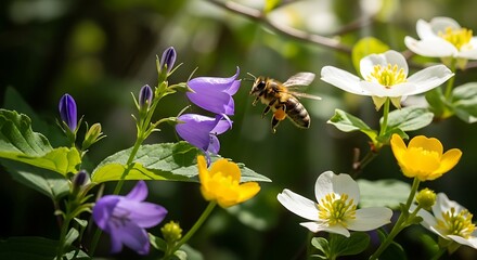 A bee flies among colorful wildflowers in a sunlit meadow.