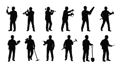 Construction workers with tools silhouette set isolated on white background, Vector