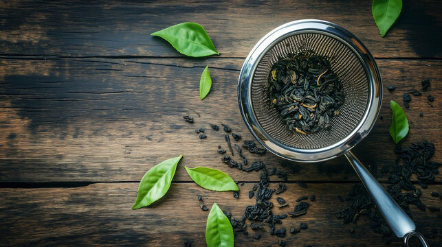 Tea strainer with leaves and black tea resting on wooden surface  
