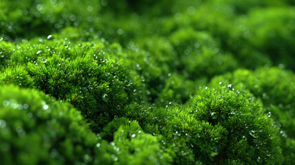 Close-up of vibrant green moss with water droplets, showcasing nature's intricate textures